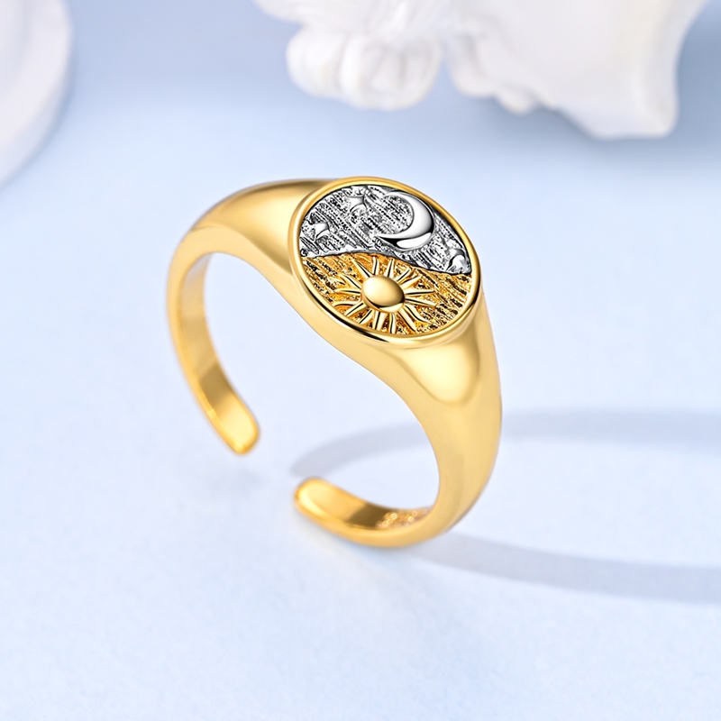 Elegant Golden-Silvery Sun Moon Starburst Open Ring